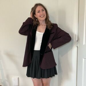 Free People Red & Purple Plaid Oversized Blazer with Black Velvet Trim